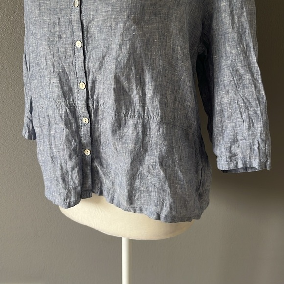 Sigrid Olsen 100% Linen Button Up 3/4 Sleeve Oversized Blouse Chambray Blue - Picture 3 of 11